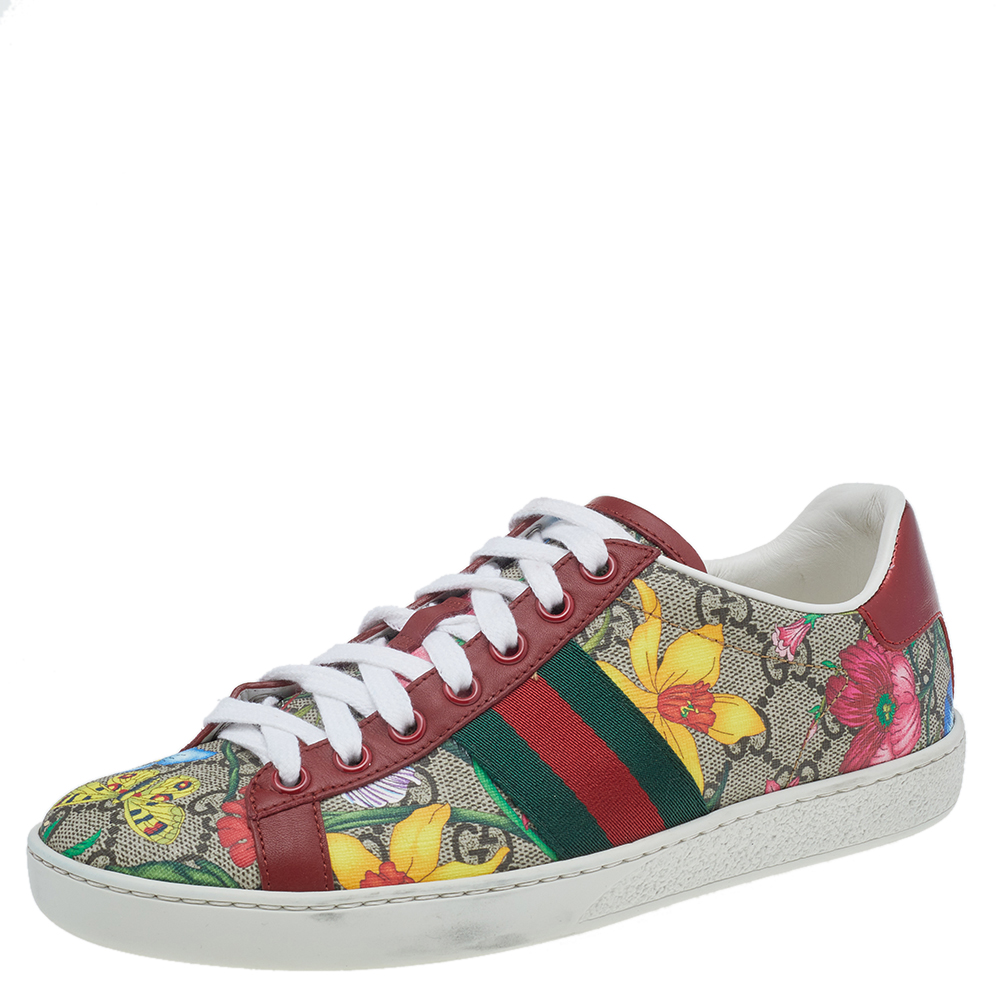 Gucci Multicolor GG Flora Supreme Canvas And Leather Ace Low Top Sneakers Size 35.5