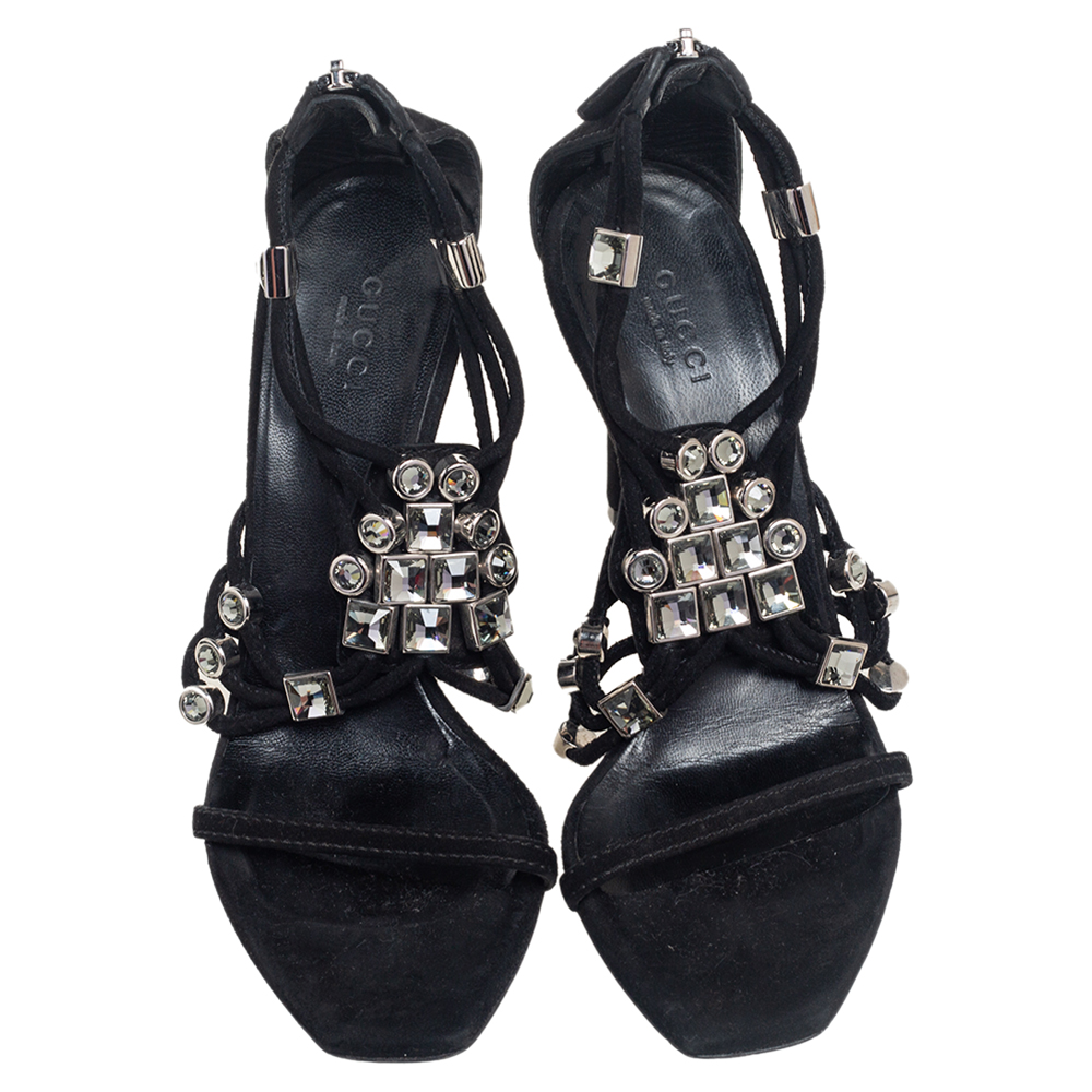 Gucci Black Suede Crystal Embellished Open Toe Sandals Size 36