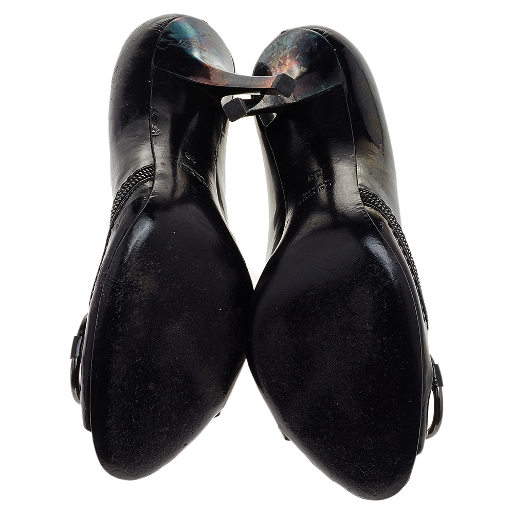 Gucci Black Patent Leather Horsebit Peep Toe Pumps Size 38