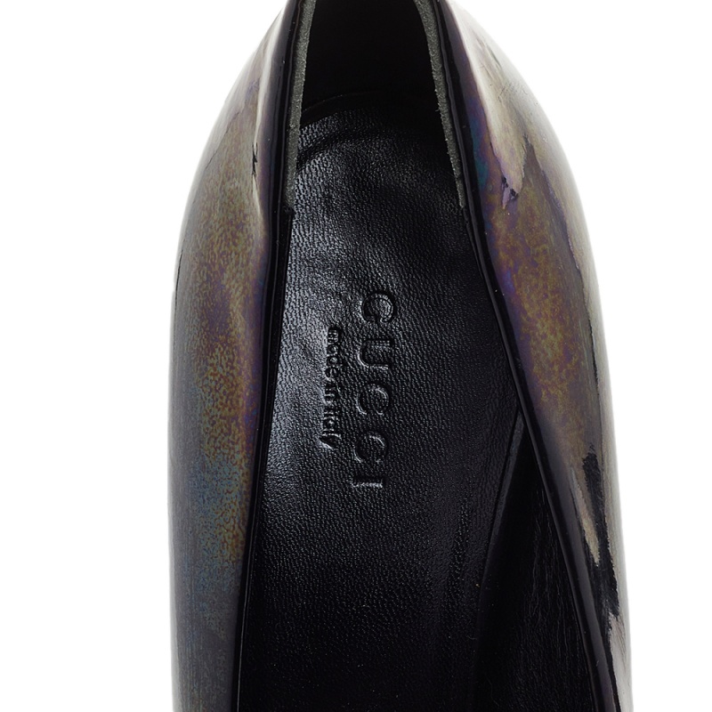 Gucci Black Patent Leather Horsebit Peep Toe Pumps Size 38