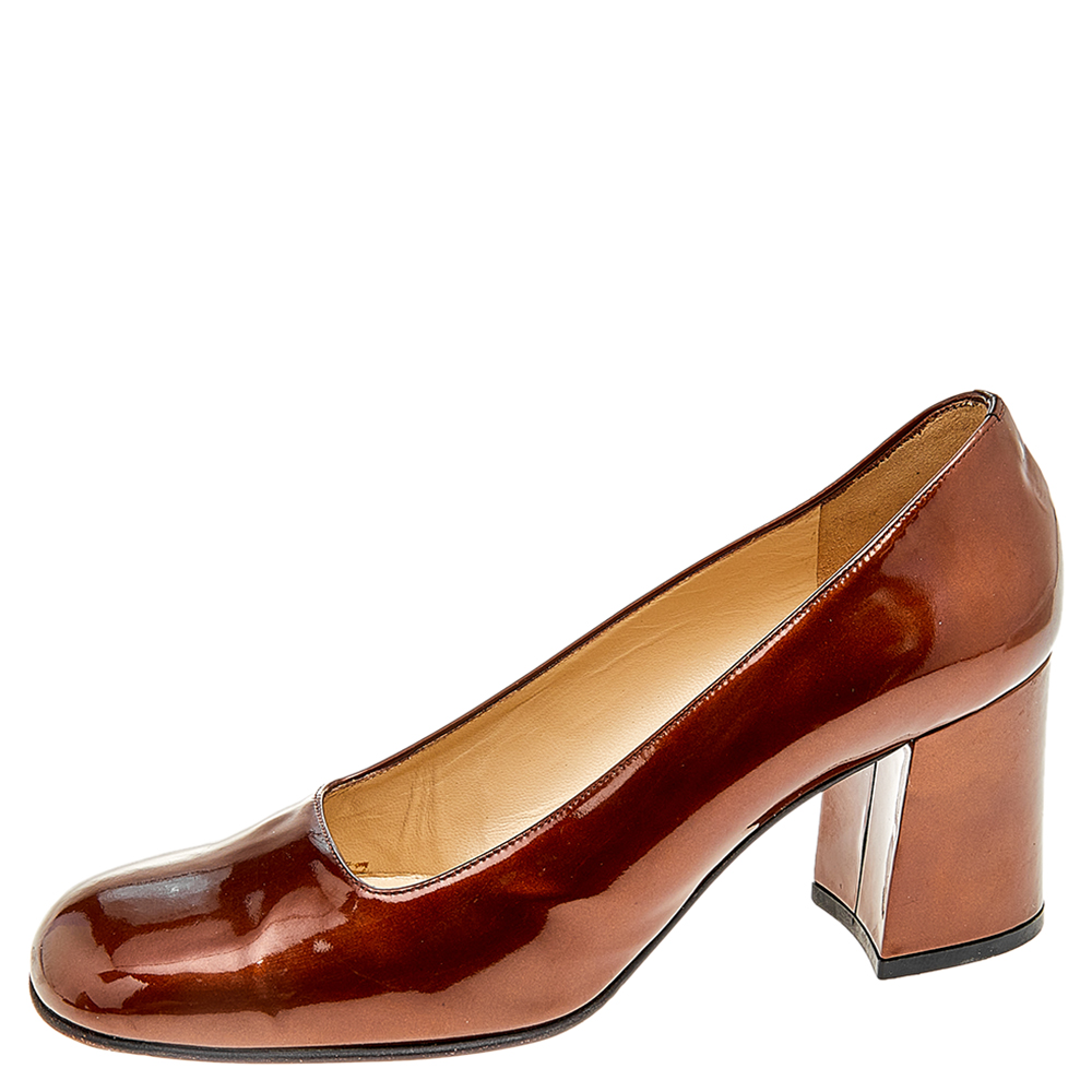 Gucci Brown Patent Leather Block Heel Pumps Size 39