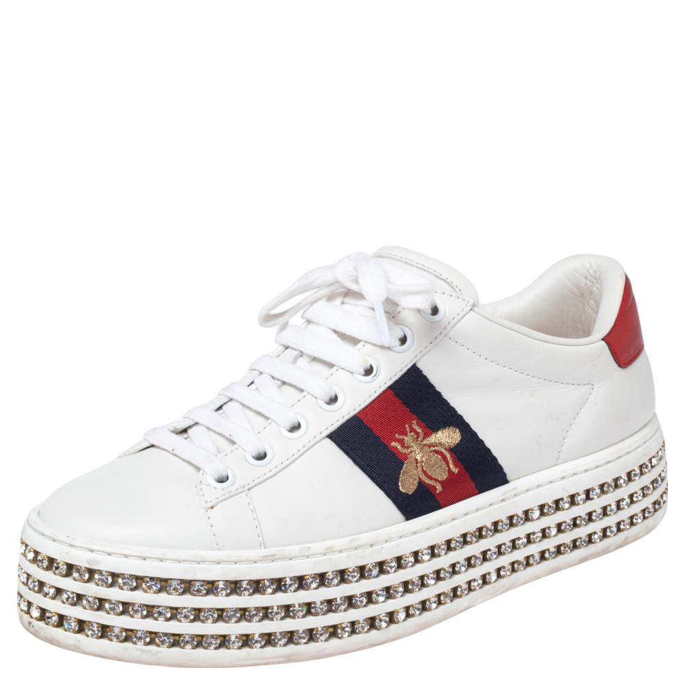 Gucci White Leather And Bee Web Detail New Ace Crystal Embellished Platform Sneakers Size 35