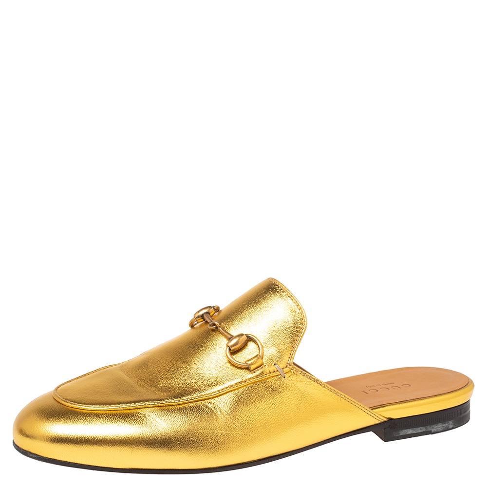 Gucci Metallic Gold Leather Princetown Mules Size 37.5