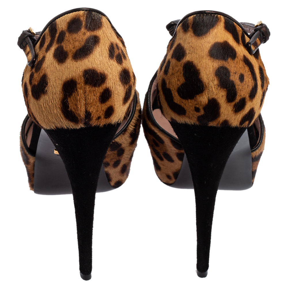 Gucci Black/Brown Leopard Print Pony Hair Platform Peep Toe Sandals Size 39