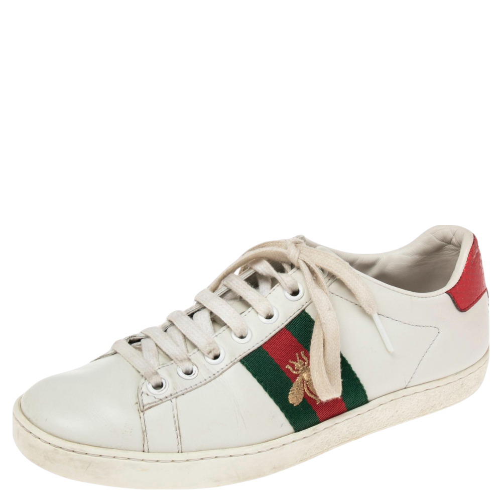 Gucci White Leather Embroidered Bee Ace Low-Top Sneakers Size 36