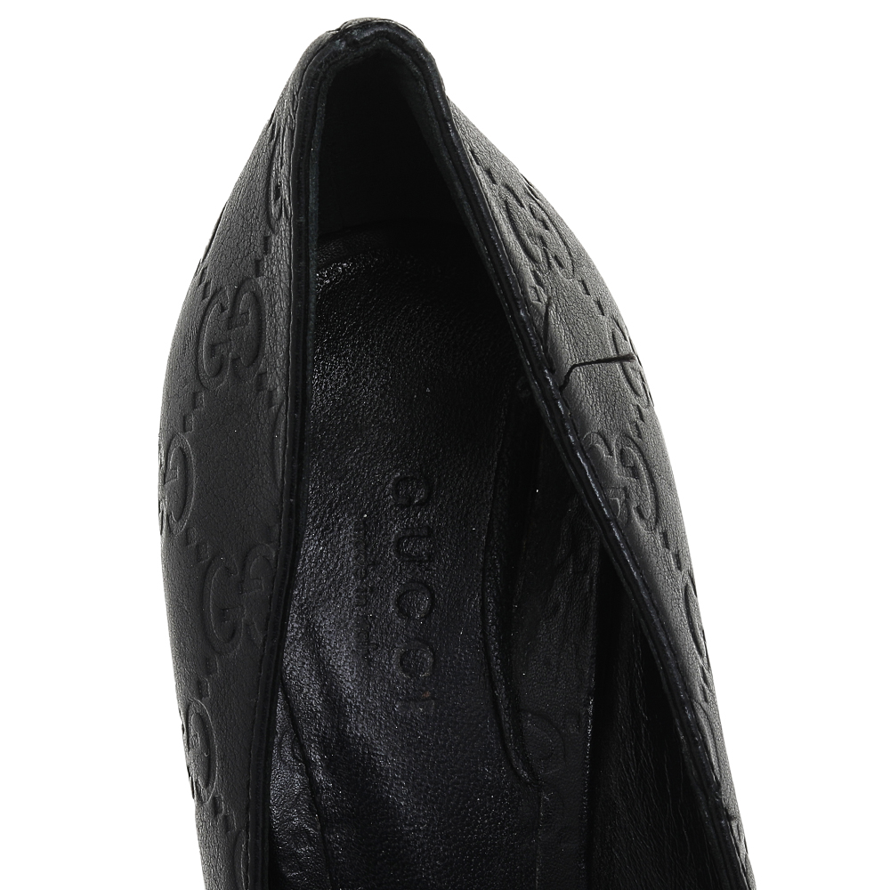 Gucci Black Guccissima Leather Peep Toe Pumps Size 38