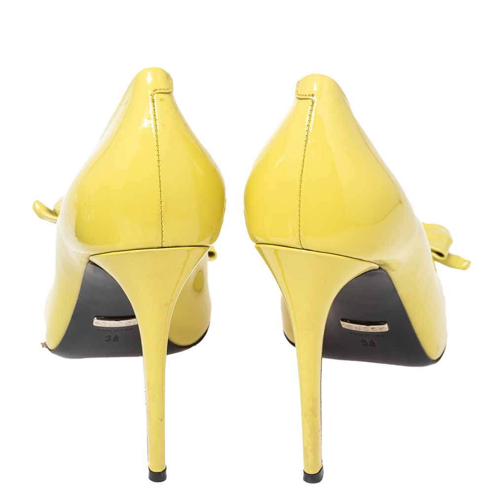 Gucci Yellow Patent Clodine Peep Toe Bow Pumps Size 38