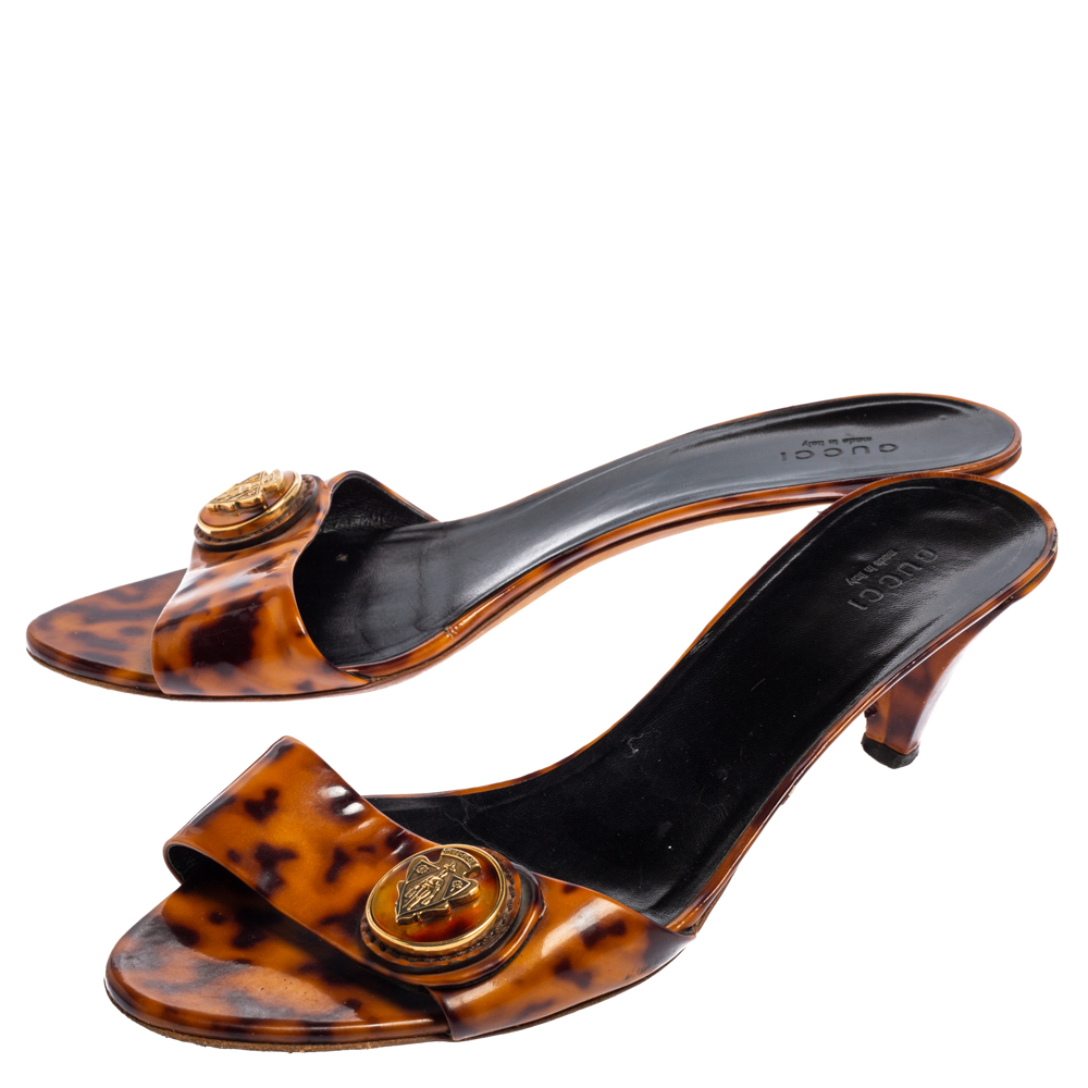 Gucci Brown Animal Print Patent Leather Hysteria Slide Sandals Size 39.5