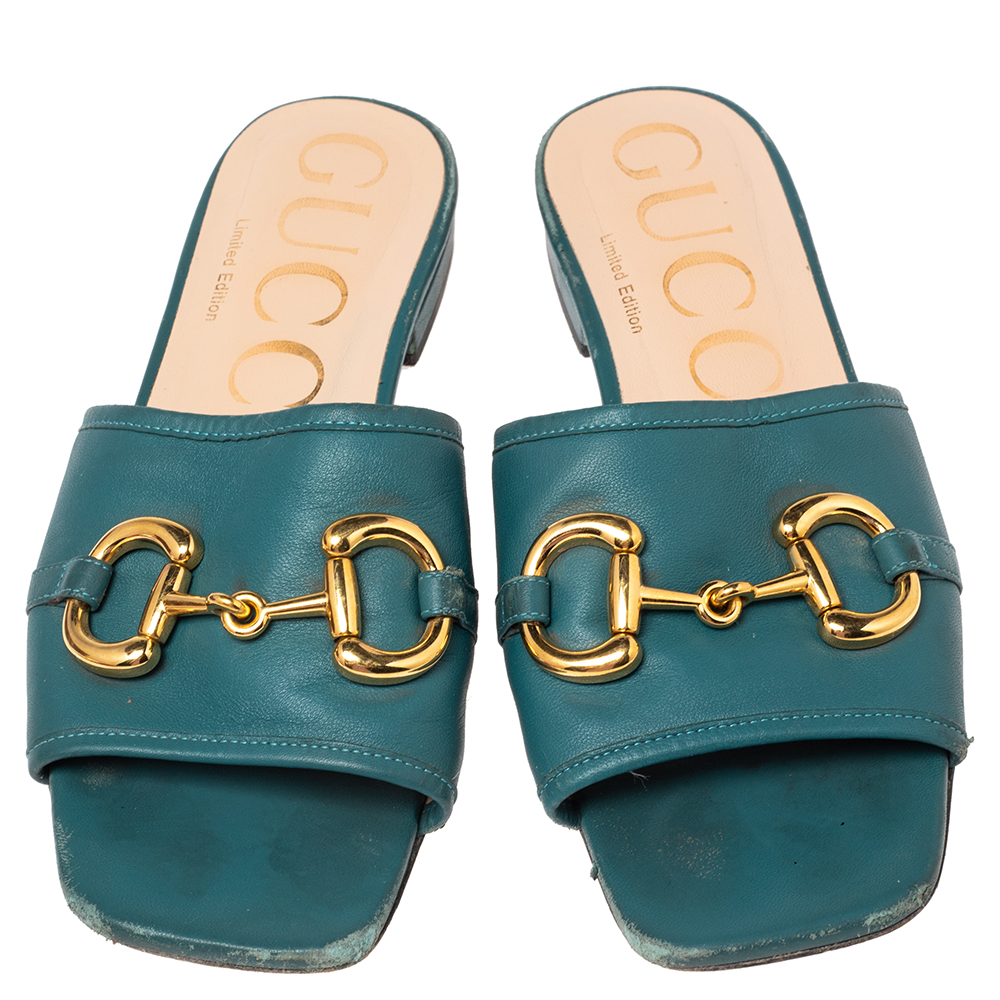Gucci  Blue Leather Horsebit  Flat Sandals Size 37