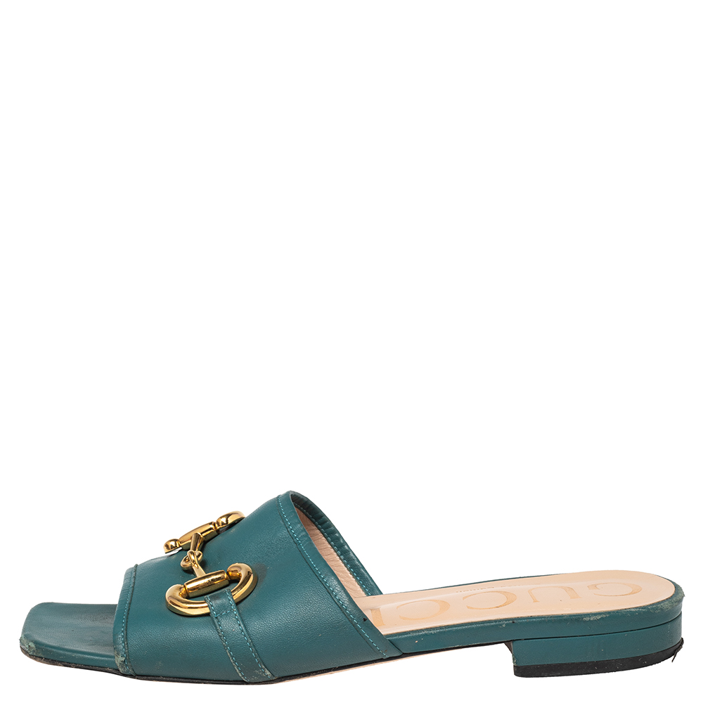 Gucci  Blue Leather Horsebit  Flat Sandals Size 37