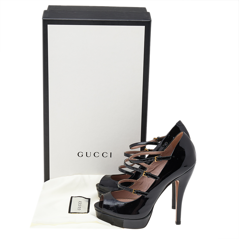Gucci Black Patent Leather Multi Strap Lisbeth Platform Pumps Size 35.5