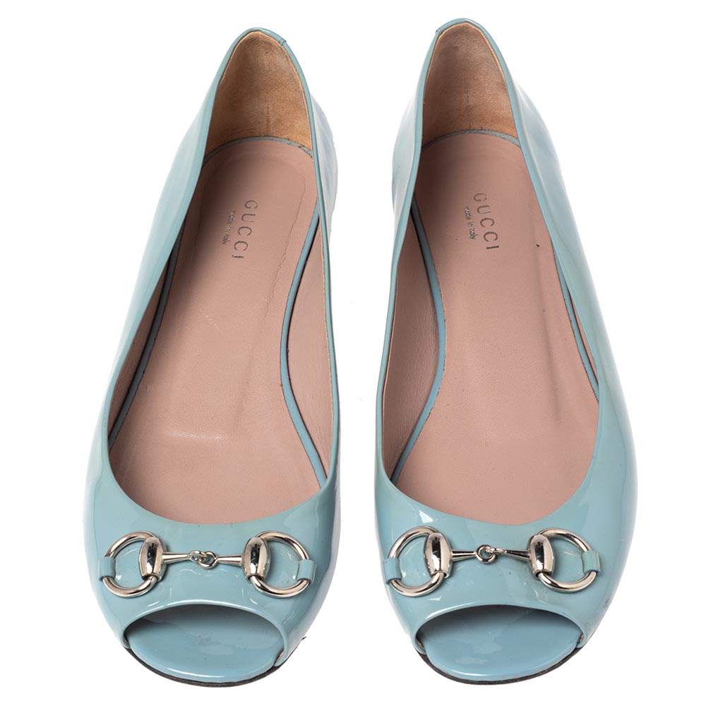 Gucci Blue Patent Leather Horsebit Peep Toe Ballet Flats Size 38.5