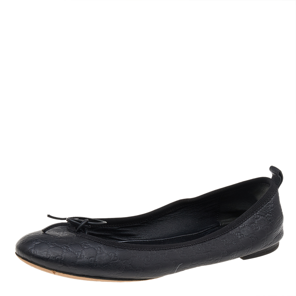 Gucci Black Guccissima Leather Bow Ballet Flats Size 36