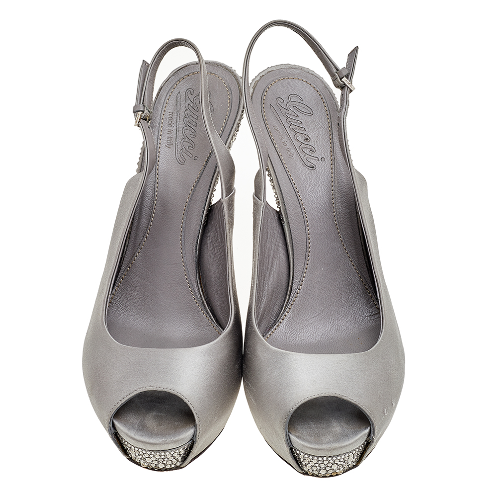 Gucci Grey Satin Peep Toe Platform Crystal Embellished Slingback Sandals Size 39