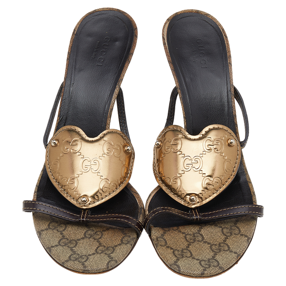 Gucci Brown/Gold GG Leather Crest Slide Sandals Size 39