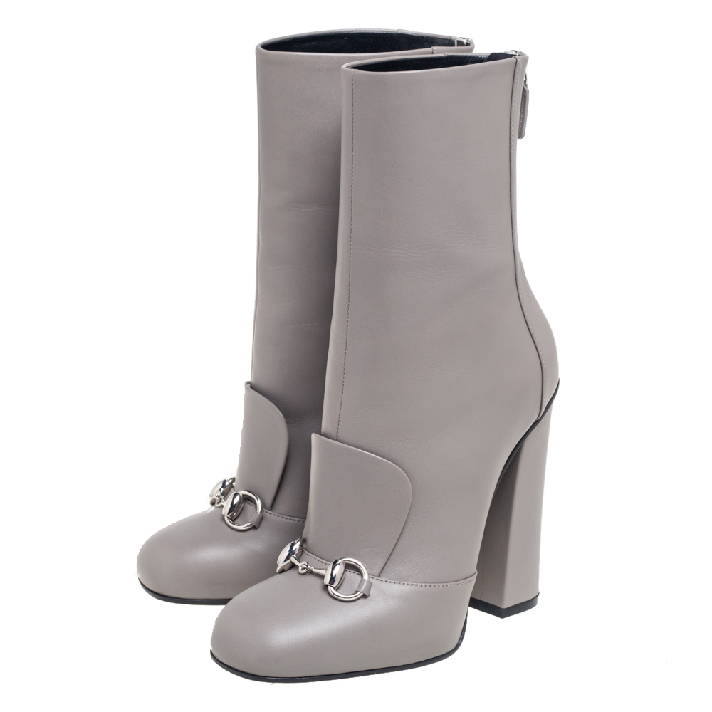 Gucci Grey Leather Horsebit Detail Ankle Boots Size 36.5