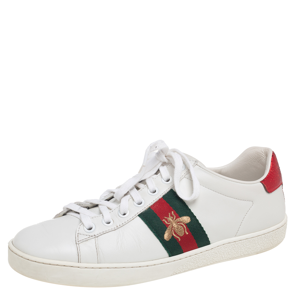 Gucci White Leather Embroidered Bee Ace Low Top Sneakers Size 38