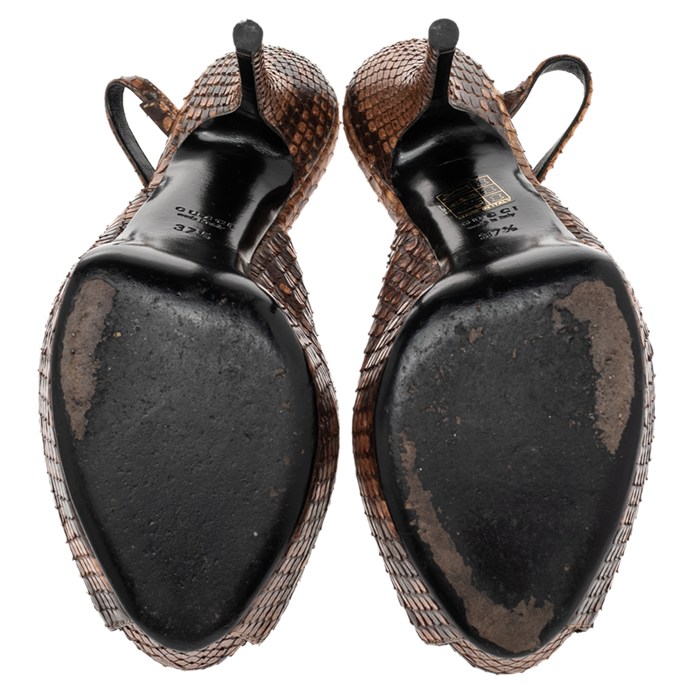 Gucci Brown Python Leather Sofia Platform Peep Toe Slingback Sandals Size 37.5