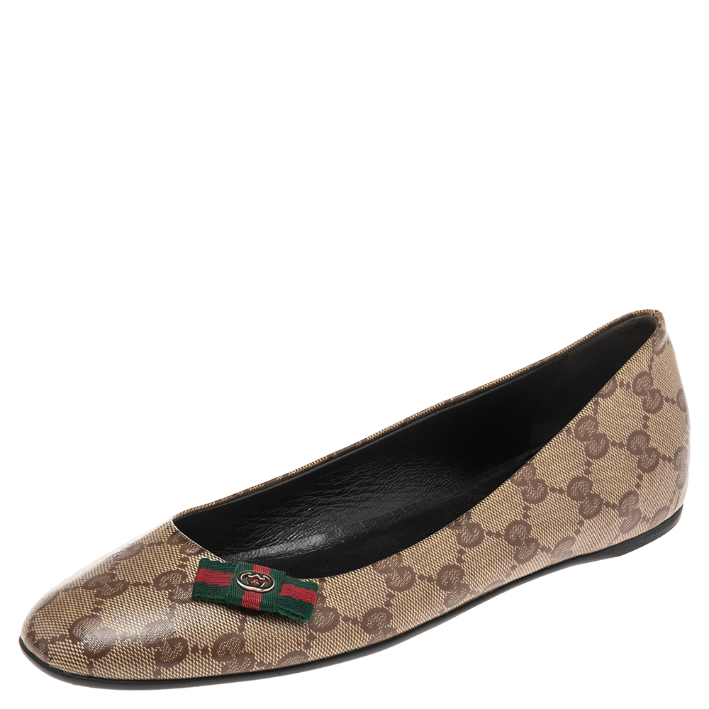 Gucci Beige GG Crystal Canvas Mayfair Web Bow Detail Ballet Flats Size 38