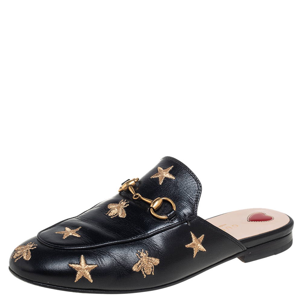 Gucci Black Leather Star and Bee Embroidered Princetown Mules Size 36.5