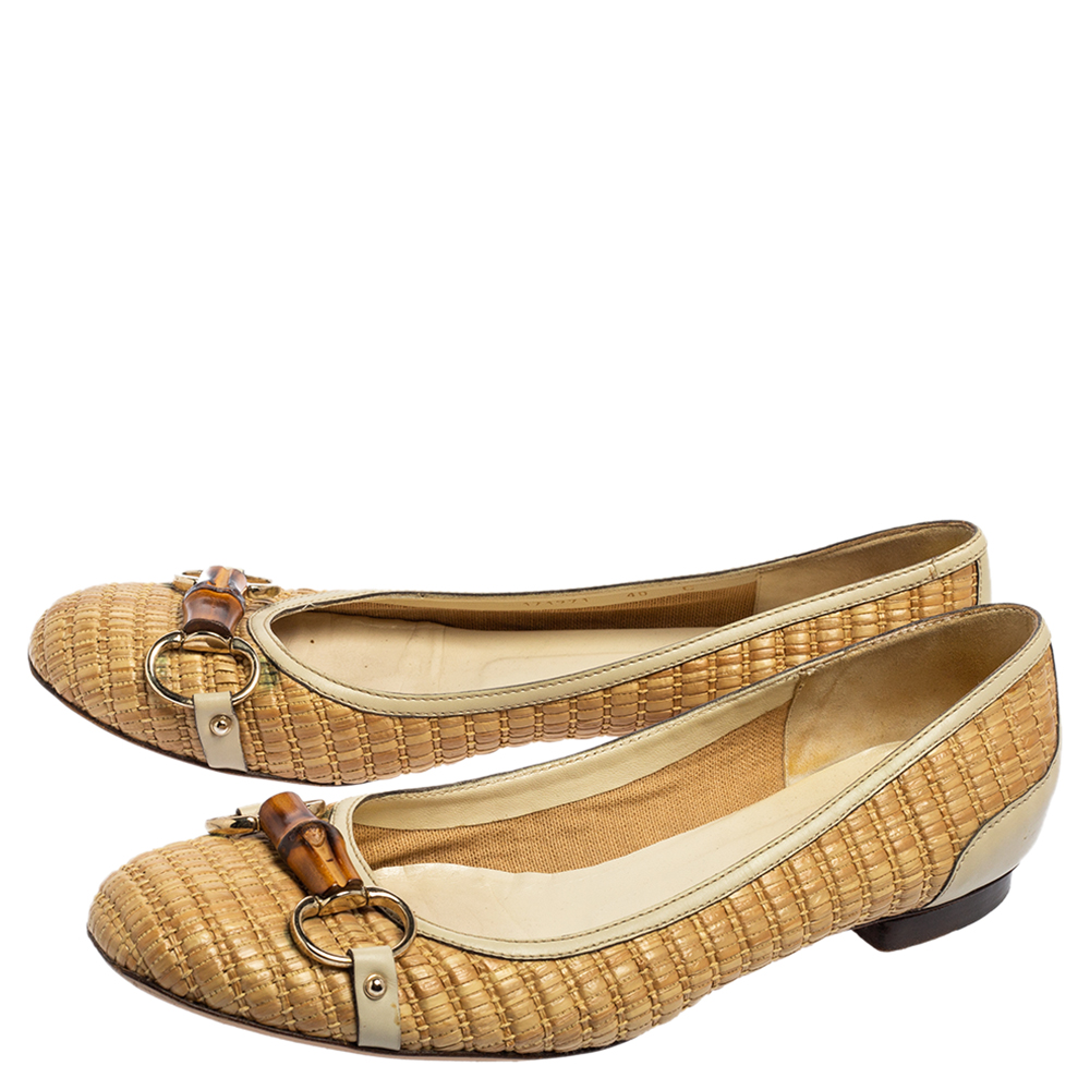 Gucci Cream/White Woven Raffia And Leather Bamboo Horsebit Ballet Flats Size 40
