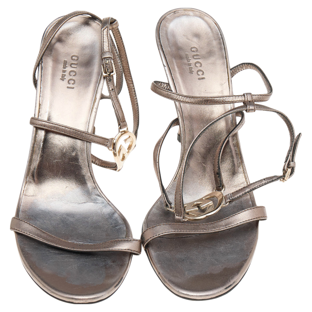 Gucci Metallic Grey Leather Ankle Strap Sandals Size 37.5