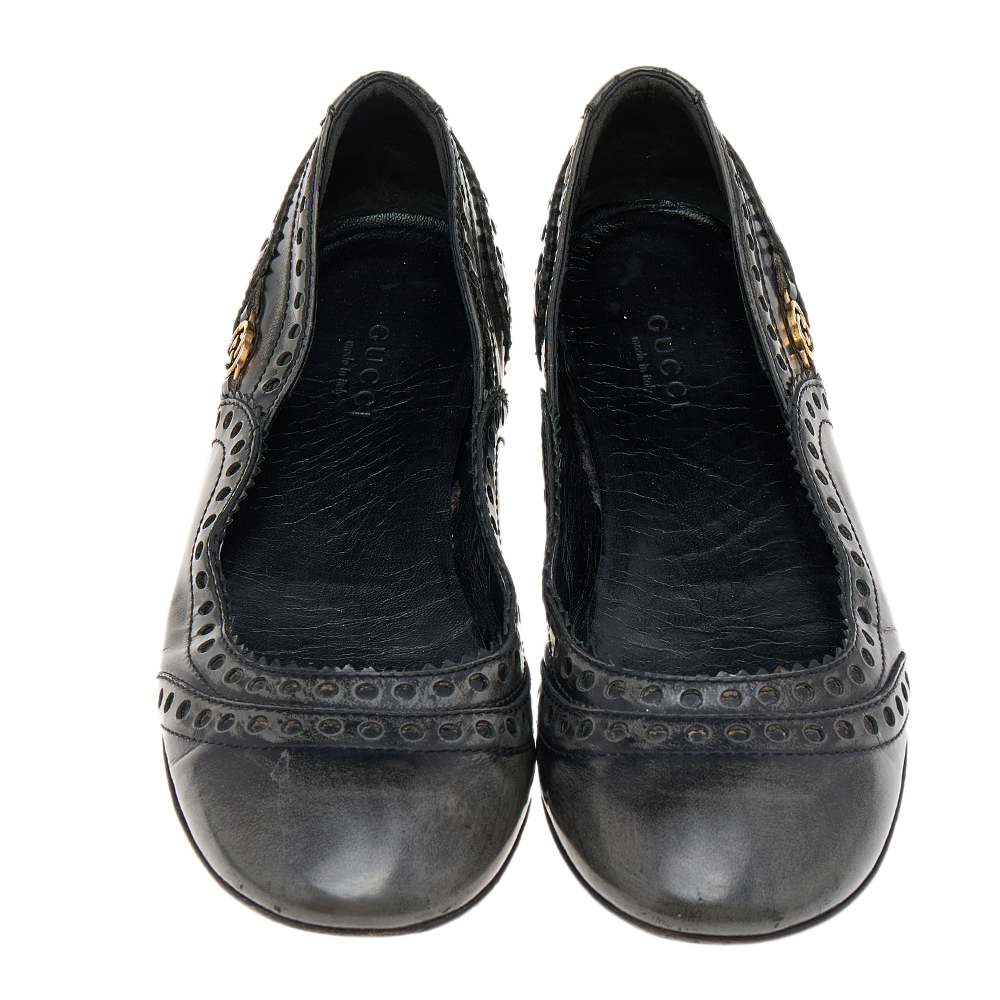 Gucci Black/Grey Brogue Leather Ballet Flats Size 35.5