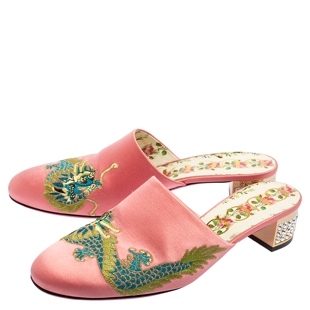 Gucci Pink Satin Dragon Embroidery Slide Sandals Size 38