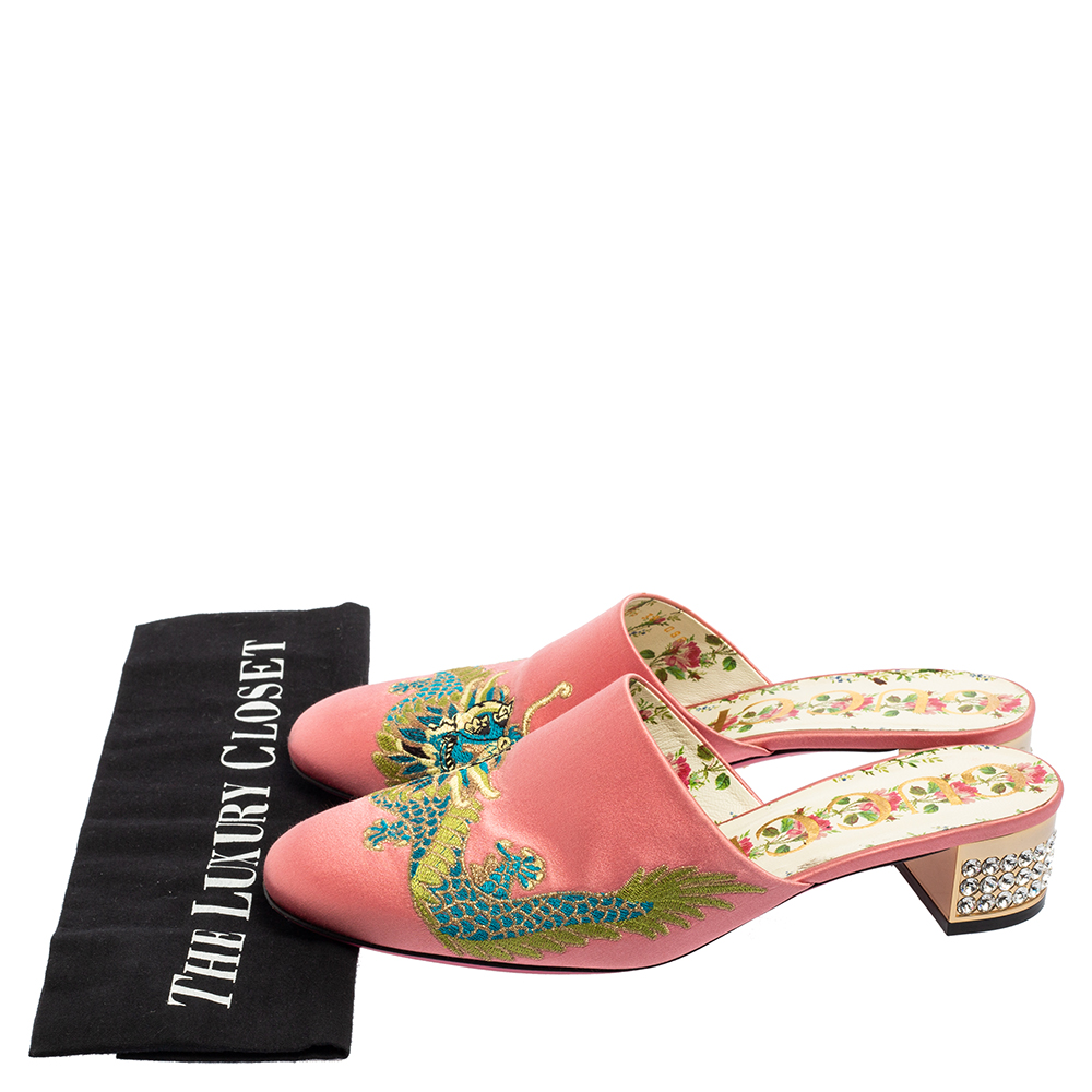 Gucci Pink Satin Dragon Embroidery Slide Sandals Size 38