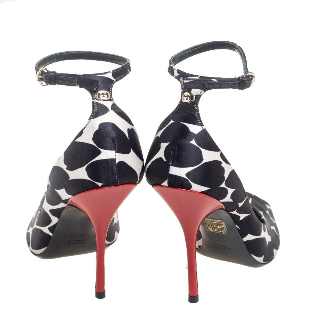 Gucci Black/White Animal Print Satin Peep-Toe Ankle-Strap Sandal Size 40.5