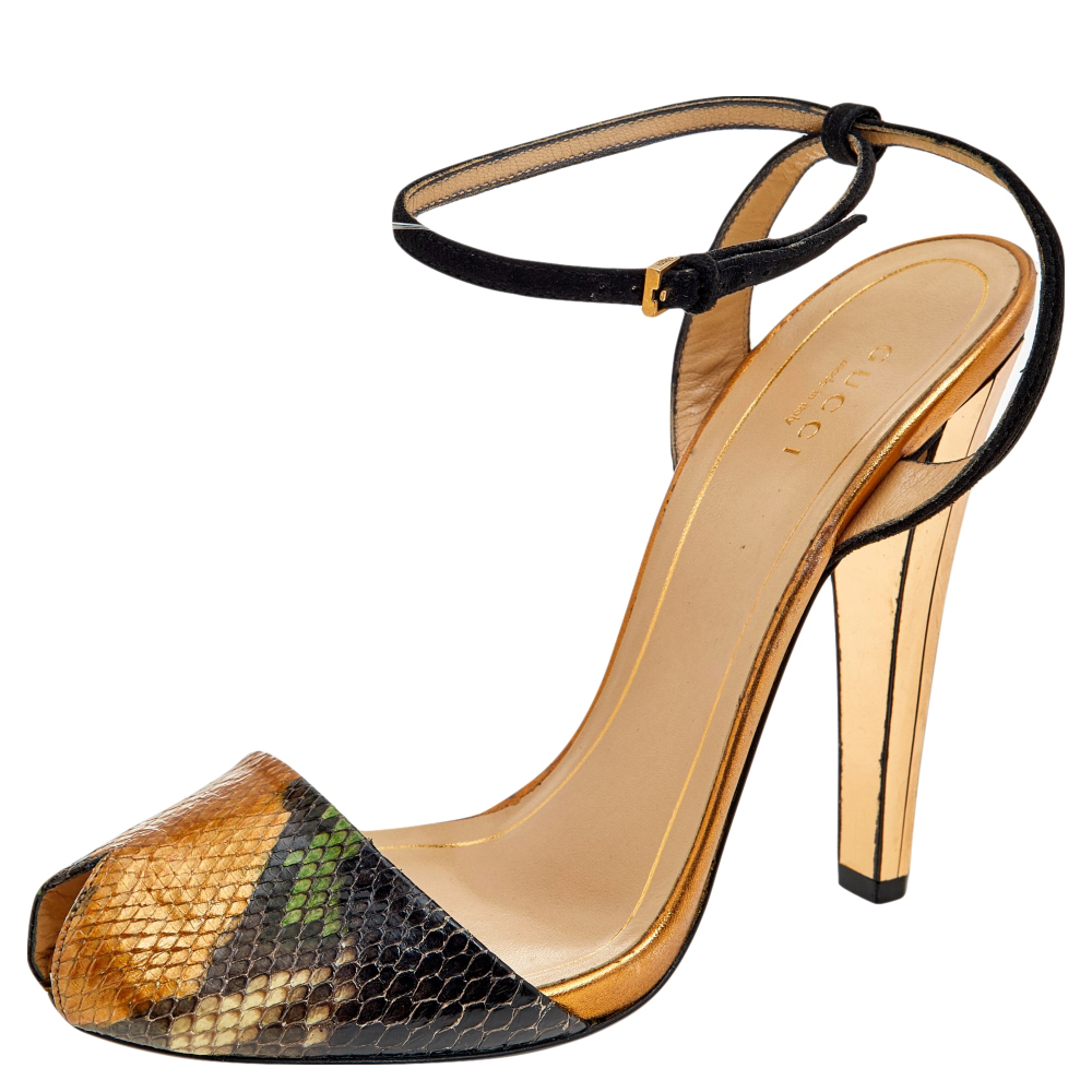 Gucci Multicolor Python Leather And Suede Ankle Strap Sandals Size 39