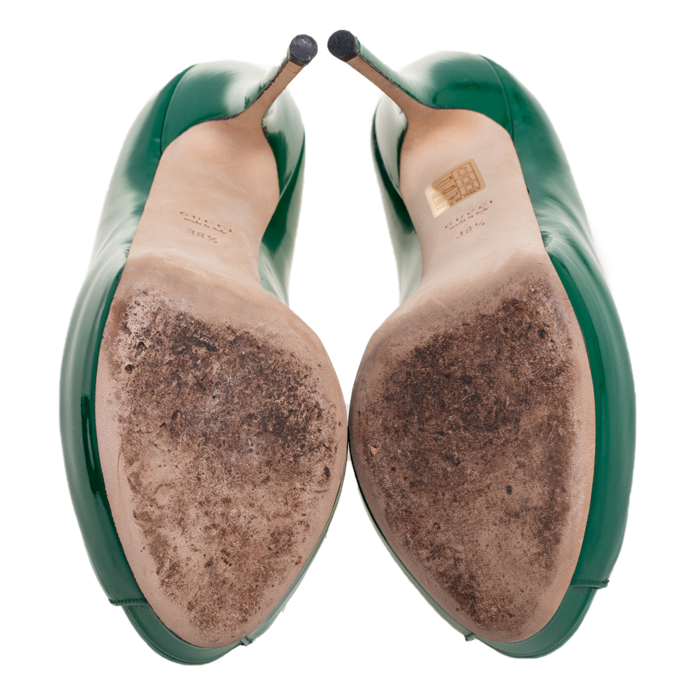 Gucci Green Patent Leather Peep Toe Platform Pumps Size 38.5
