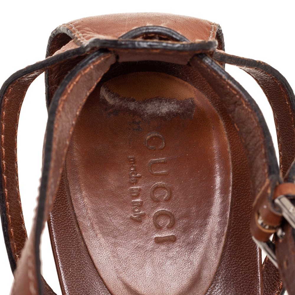 Gucci Brown Leather Icon Bit Ankle-Strap Platform Sandals Size 39