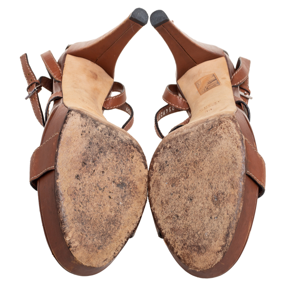 Gucci Brown Leather Icon Bit Ankle-Strap Platform Sandals Size 39