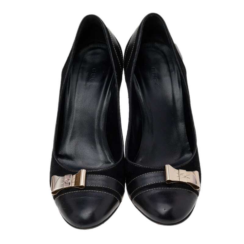 Gucci Black Suede And Leather Bow Cap Toe Pumps Size 36C