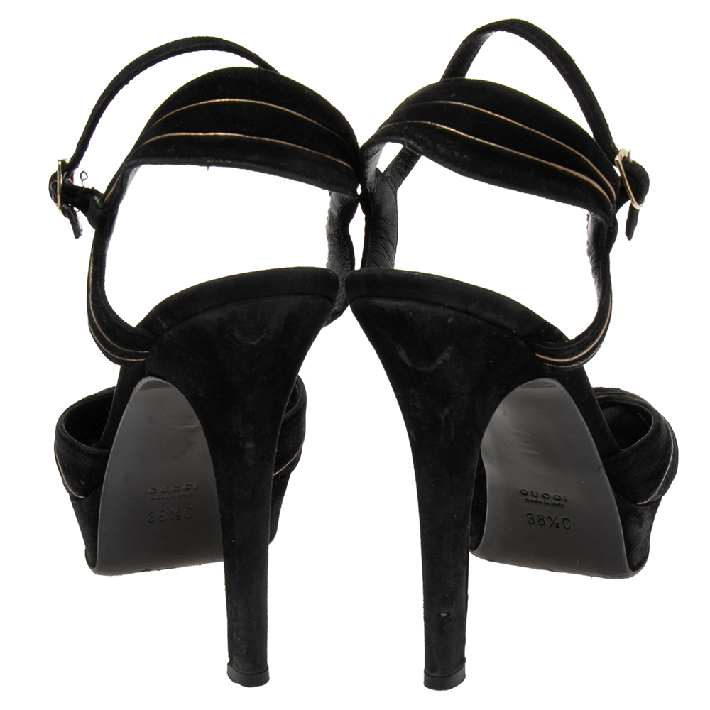 Gucci Black Suede Knot Detail Peep Toe Platform Sandals Size 38.5