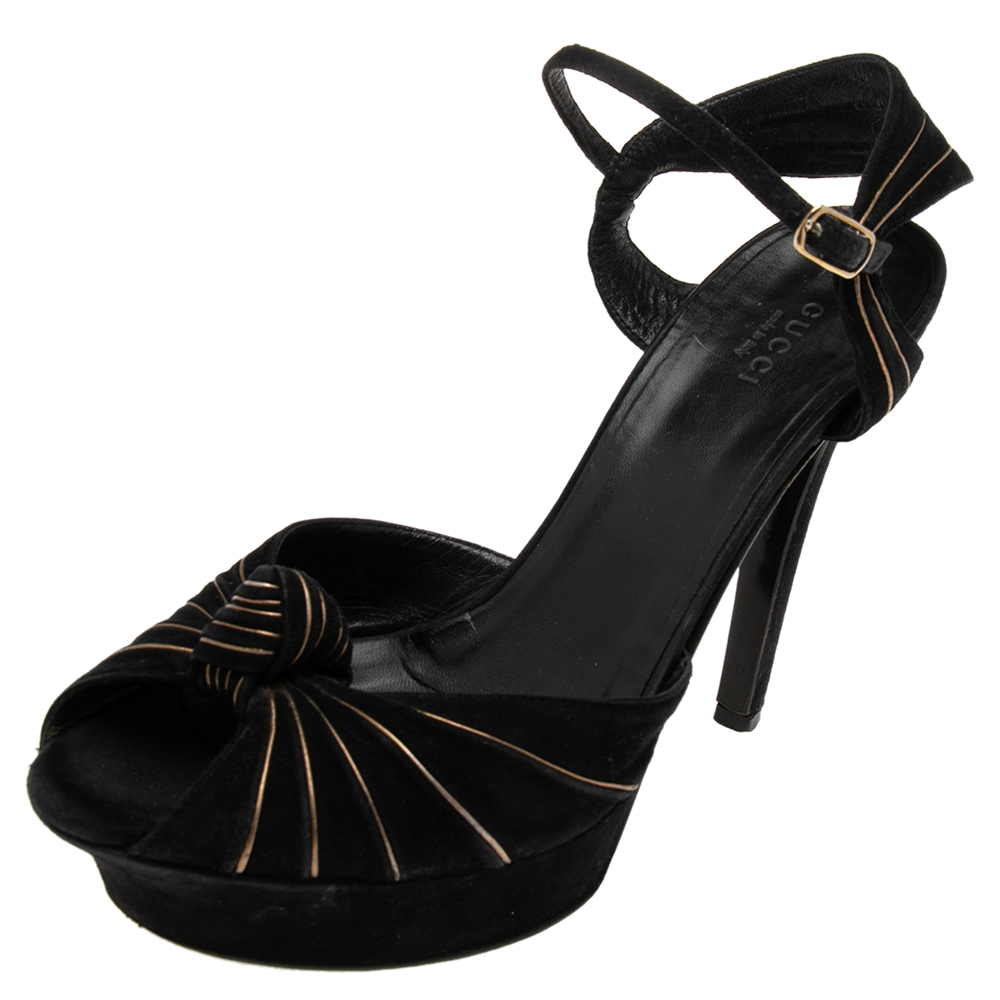 Gucci black suede knot detail peep toe platform sandals size 38.5