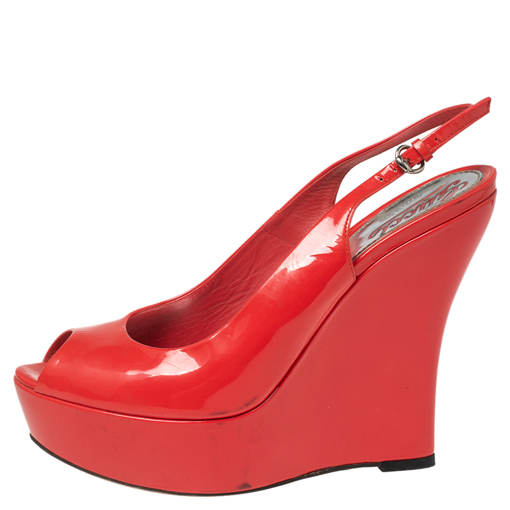 Gucci Coral Red Patent Leather Peep-Toe Slingback Wedge Sandals Size 37.5