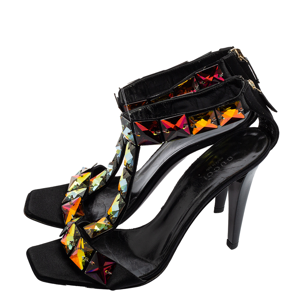 Gucci Black Satin Embellished T-Strap Sandals Size 37