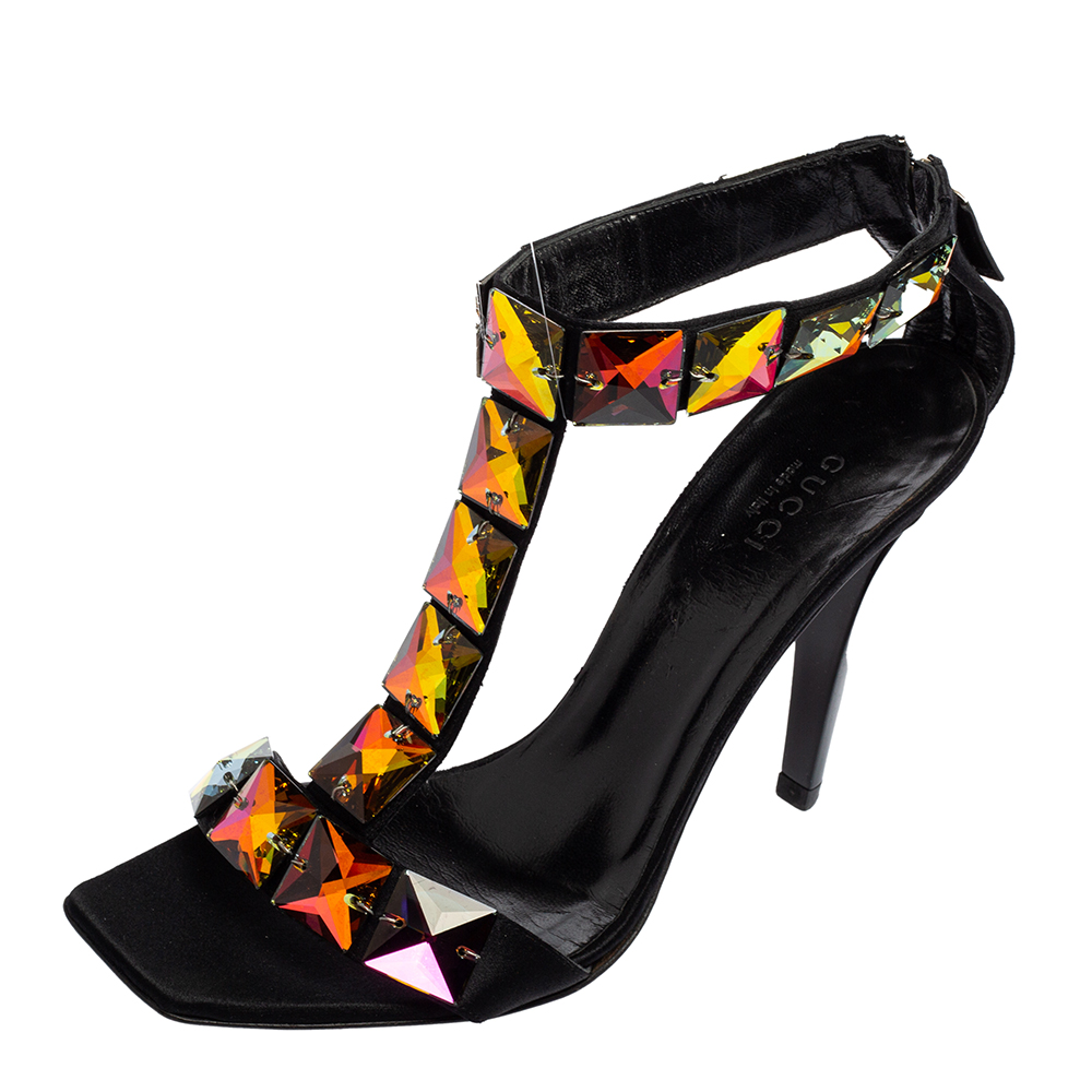 Gucci Black Satin Embellished T-Strap Sandals Size 37