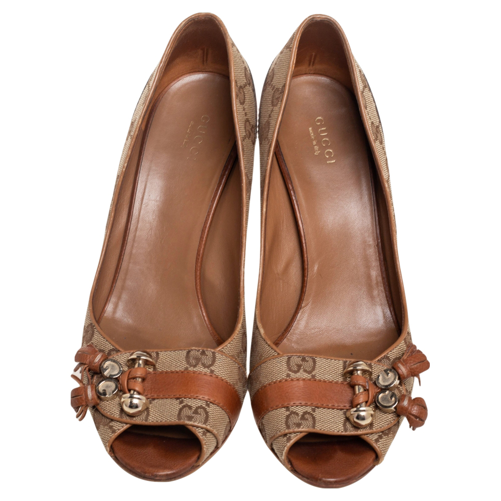 Gucci Brown/Beige Leather And GG Canvas Tassel Detail Peep-Toe Pumps Size 39.5