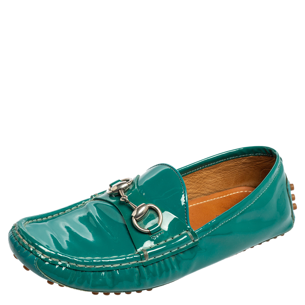 Gucci teal green patent leather horsebit driver loafers size 36