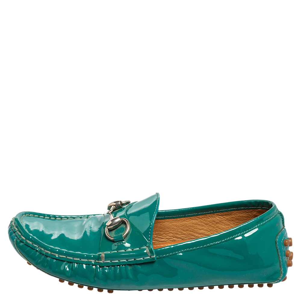 Gucci Teal Green Patent Leather Horsebit Driver Loafers Size 36