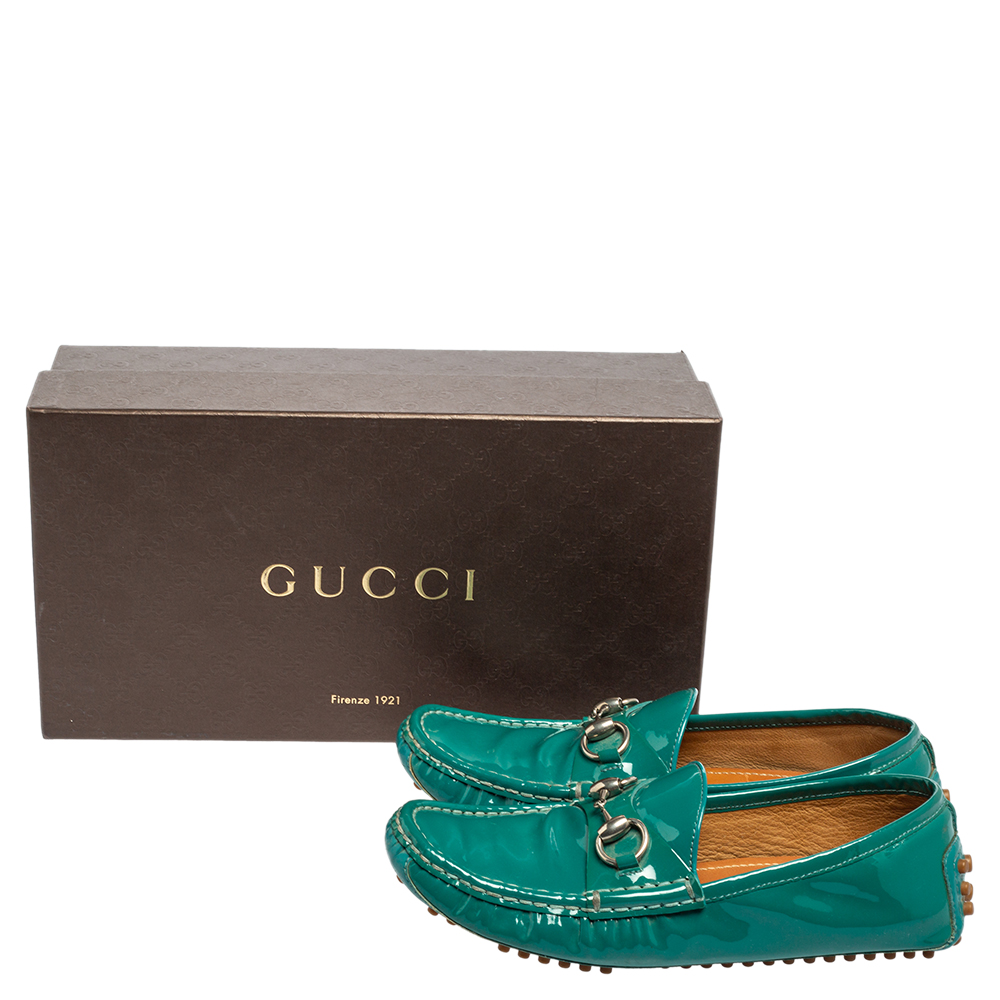 Gucci Teal Green Patent Leather Horsebit Driver Loafers Size 36