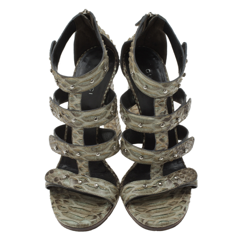Gucci Two Tone Studded Python Sigourney Cage Sandals Size 37