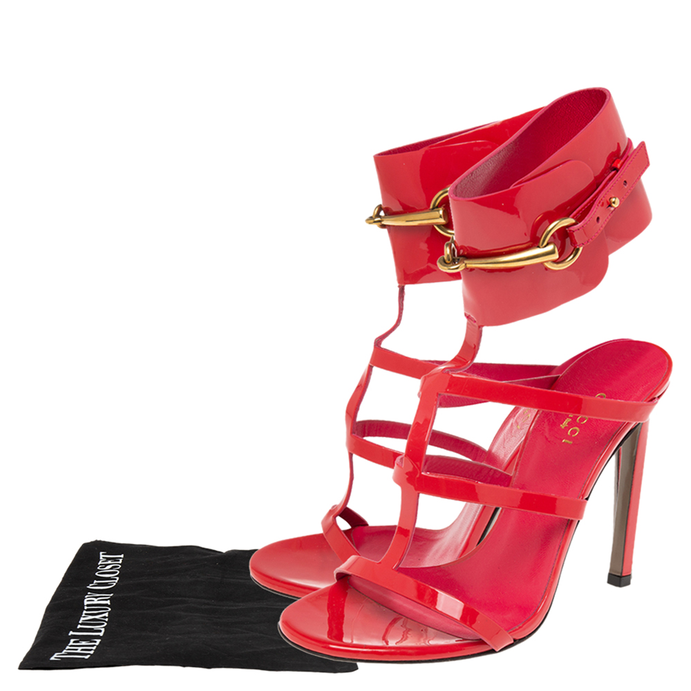 Gucci Shocking Pink Patent Leather Ursula Horsebit Ankle-Strap Sandals Size 36
