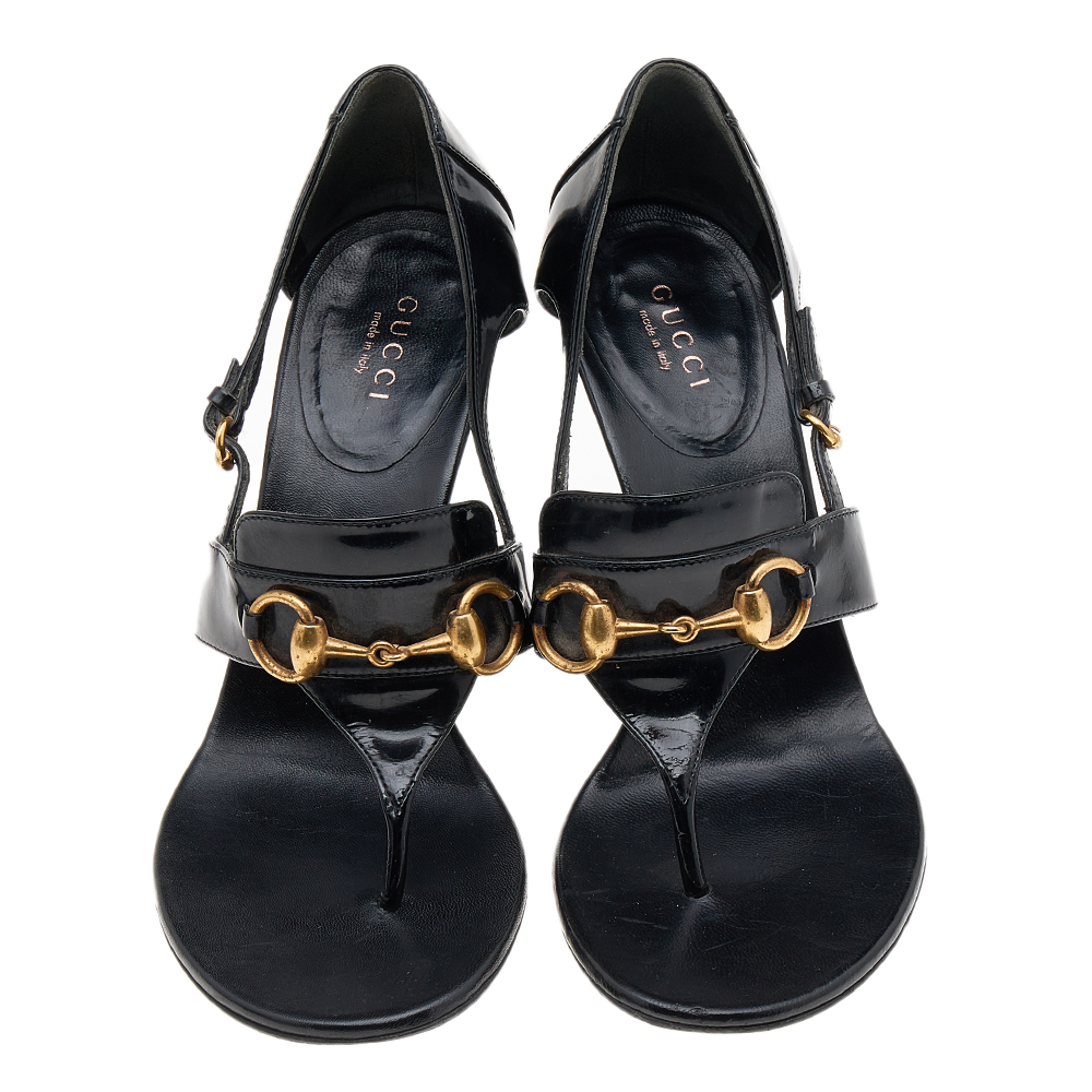 Gucci Black Patent Horsebit Thong Sandals Size 36