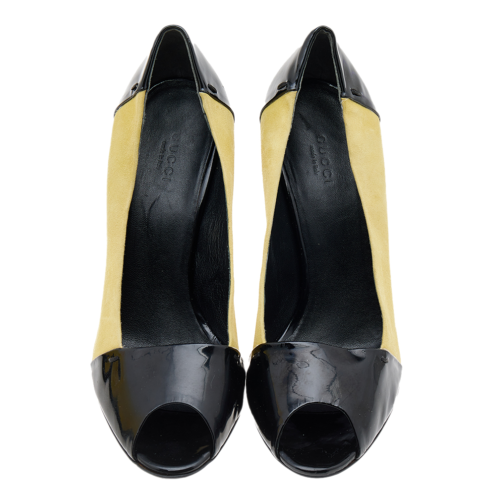 Gucci Black/Yellow Patent Leather And Suede Peep Toe Pumps Size 38.5