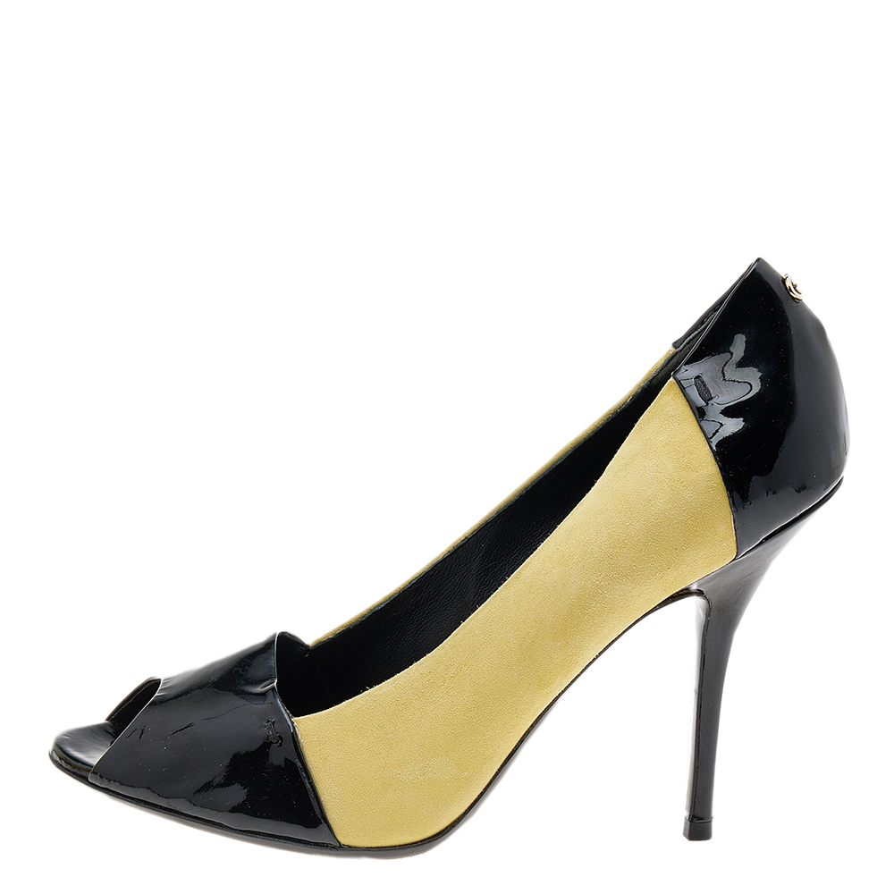 Gucci Black/Yellow Patent Leather And Suede Peep Toe Pumps Size 38.5