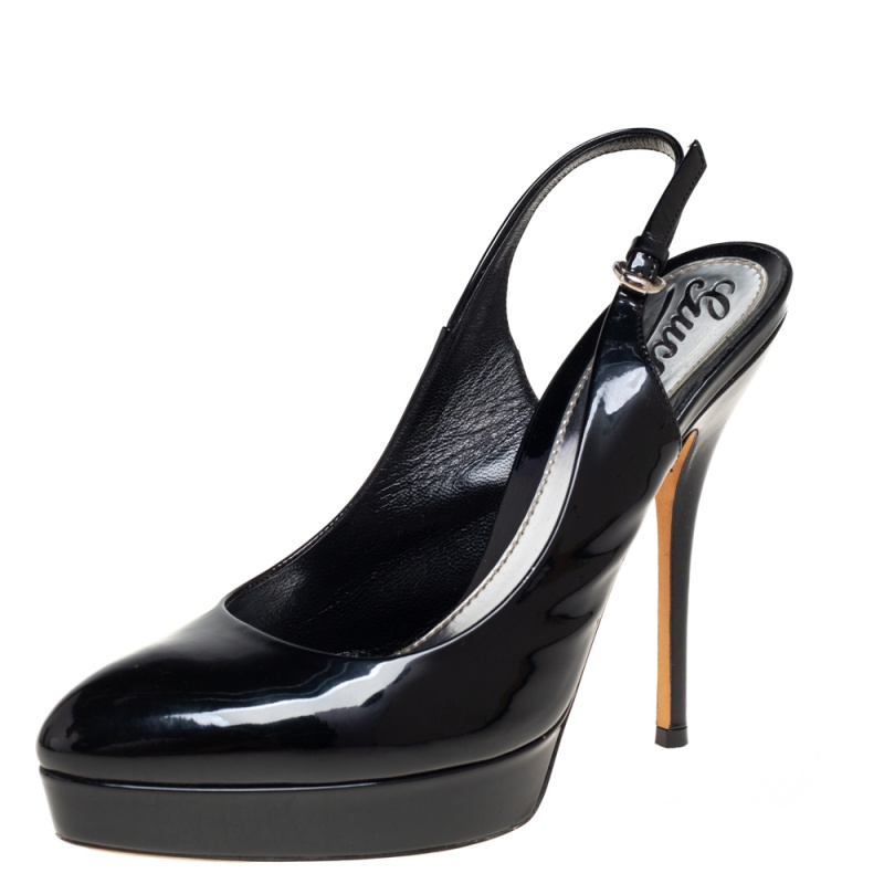 Gucci Black Patent Leather Slingback Platform Sandals Size 37.5